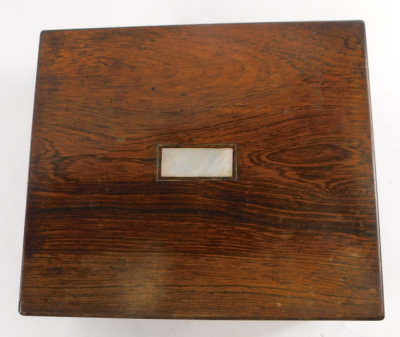 A Victorian rosewood travelling work box and writing slope, with mother of pearl inlay to the lid and key escutcheon, the interior with fitted compartments and silk lining, including an agate mounted pin cushion, the writing slope with plush lining and tw - 2