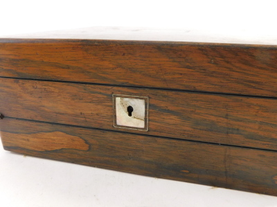 A Victorian rosewood travelling work box and writing slope, with mother of pearl inlay to the lid and key escutcheon, the interior with fitted compartments and silk lining, including an agate mounted pin cushion, the writing slope with plush lining and tw - 3