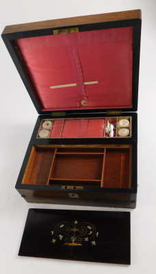 A Victorian rosewood travelling work box and writing slope, with mother of pearl inlay to the lid and key escutcheon, the interior with fitted compartments and silk lining, including an agate mounted pin cushion, the writing slope with plush lining and tw - 5