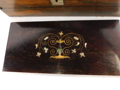 A Victorian rosewood travelling work box and writing slope, with mother of pearl inlay to the lid and key escutcheon, the interior with fitted compartments and silk lining, including an agate mounted pin cushion, the writing slope with plush lining and tw - 6