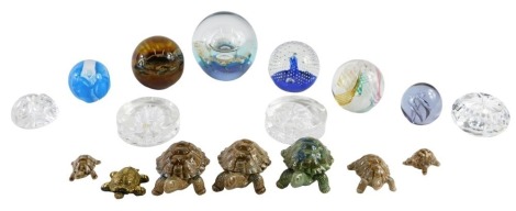 A group of modern glass paperweights and Wade, including a Langham glass paperweight signed by Paul Miller, 13/250, boxed, another Langham glass paperweight, two Caithness paperweights, and others, and a small group of Wade tortoises. (1 tray)