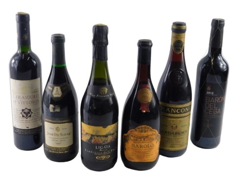 Six bottles of Italian and Spanish wine, including Giovanni Scanavino Barolo 1973, Jose De Sousa 1997, Barbaresco 1974, etc.