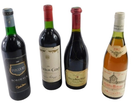 Four bottles of French wine, comprising Baron Philippe de Rothschild Mouton Cadet 1981, Cotes du Rhone Villages 1999, Chablis Moreau 1982, and Yvecourt 1989.