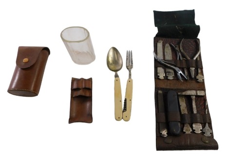 A German Transa travelling tool set, cased, and travelling cutlery set with glass beaker and leather case. (2) Belonged to Col. Phiroze Bharucha DSO of the Indian Army.