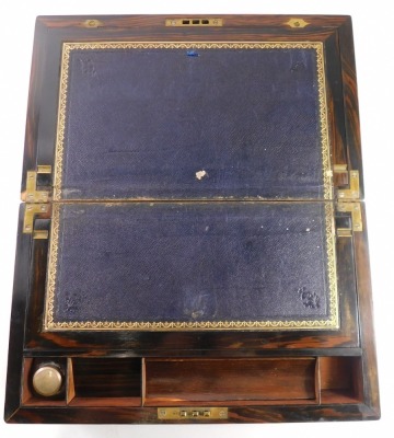 A Victorian oak veneered writing slope, with fitted interior, having blue leather gilt tooled writing pad, one ink bottle, with brass presentation cartouche with inset brass shield shaped plaque to the lid, inscribed James WM Glover from HSS, 14th August - 3