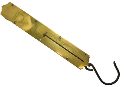 A pair of Salter's improved brass spring balance scales, weighing to thirty pounds.