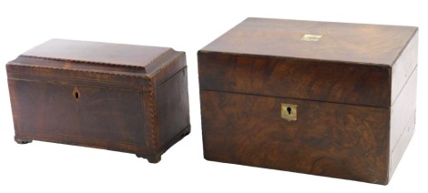 A George III inlaid mahogany tea caddy and a Victorian walnut writing box, the tea caddy interior boxwood string, raised on low bracket feet, 25cm x 13cm x 15cm high, lacking handle, the figured walnut work box with mother of pearl inlay, and fitted inter