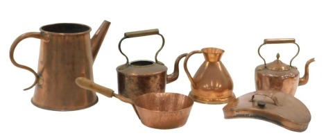 Various copper, including large tapered jug with spout, coaching hot water bottle, copper pan, two kettles, etc. (6)