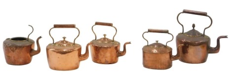 Five 19thC copper kettles, one lacking lid, with broken handle. (AF)