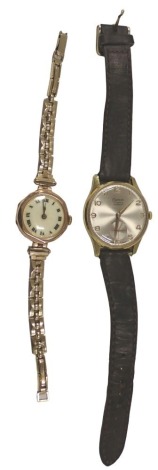 Two wristwatches, comprising a ladies 9ct cased wristwatch, on a plated rolled gold strap, 17.9g all in, and a Chateau seventeen jewel incabloc gentleman's wristwatch with silvered dial. (2)