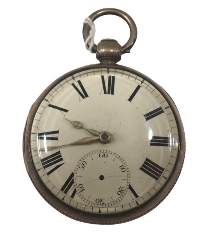 A George V silver pocket watch, London 1921, with white enamel Roman numeric dial with silvered hands, and seconds dial, lacking hand, with ribbed outer case, key wind, maker BN, 167.8g all in.