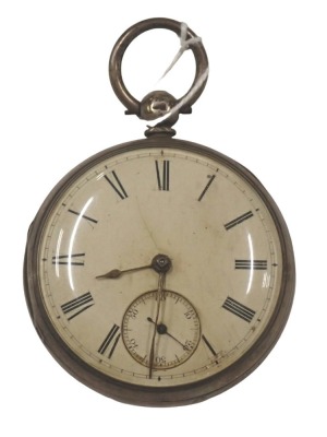 A Victorian silver pocket watch, the outer case with rubbed cartouche, on a silvered Roman numeric dial, with silvered hands, and seconds dial, key wind, London 1868, 14g all in.