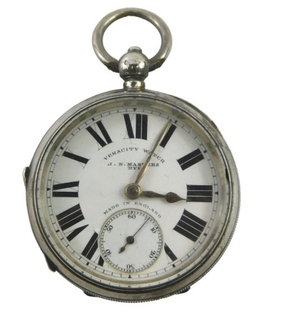 An Edward VII pocket watch, with Roman numeric border, seconds dial and silvered hands, stamped JN Masters Wry, key wind, Birmingham 1901, 132.4g all in.