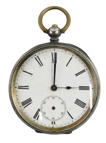 A 20thC pocket watch, with white enamel Roman numeric dial, seconds dial, and blue hands, lacking seconds dial, numbered 104712, white metal stamped 800, 96.6g all in.