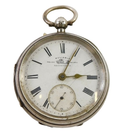 A Victorian silver pocket watch, with white enamel Roman numeric dial, stamped reliable trademark, seconds dial, the movement stamped JE Jackson of Nottingham, numbered 8935, in silver case, Chester 1892, 132.4g all in.