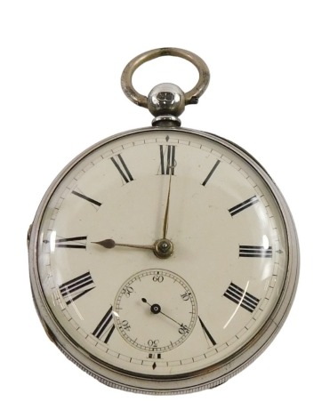 A Victorian silver pocket watch, with white enamel Roman numeric dial, silvered hands, and seconds dial, with blue hands, inscribed Alfred Kershaw Milnrow, Chester 1867, the movement marked A Rigg of Rochdale, numbered 6066.