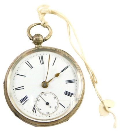 A Victorian silver cased pocket watch, with white enamel Roman numeric dial, brass hands and seconds dial, the outer case with vacant cartouche and ribbon, the movement numbered 4471, London 1879, 115.9g all in.