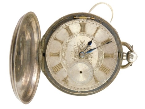 A 19thC Hunter silver pocket watch, with a silvered and battened dial, with floral scroll engraving, lacking seconds dial, the movement stamped Usher San of Lincoln, numbered 14313, Chester 1877, 123.1g all in.