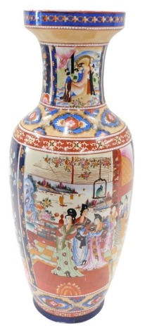 A large modern Chinese baluster vase, with transfer printed and hand painted reserves of figures on a terrace, within flower head borders, 61cm high.