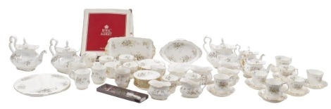 A Royal Albert Haworth pattern tea service, including five teapots of various sizes, cups, saucers, sugar bowls, milk jug, etc. (approximately 55 pieces)