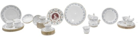 Royal Albert Memory Lane pattern dinner and teaware, including dinner plates, dessert plates, side plates, gateaux platter, teapot, teacups and saucers, etc. (approximately 45 pieces).