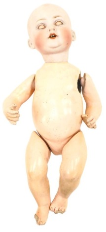 A small early 20thC Continental bisque headed baby doll, with brown sleep eyes, and composite articulated body, one arm currently detached (AF).