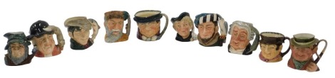 Ten Royal Doulton character jugs, including The Falconer, Tony Weller (XL), Gone Away, The Poacher, Dick Whittington, The Lawyer, and others.