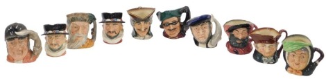 Ten Royal Doulton character jugs, including Beefeater (2), Sairey Gamp, Dick Turpin, Captain Ahab, Robinson Crusoe, etc. (10, some AF)