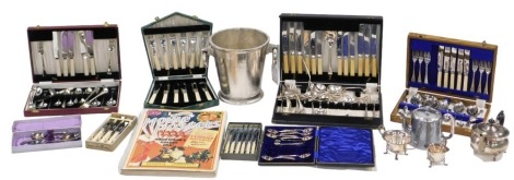 Various silver plated ware, including Old English pattern flatware, in canteen, teaspoons with sugar bows, dessert knives, six pairs of fish eaters in case, three piece tea set, teapot, ice bucket, etc.