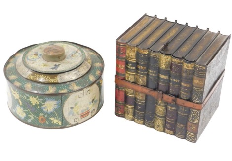 A Huntley & Palmer's tin and another, the Huntley & Palmer's biscuit tin in the form of a bundle of books by Sir Walter Scott, with hinged lid, 16cm high, and another vintage biscuit tin of circular form with floral sprays, 11 cm high.