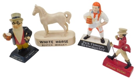 Two Whisky advertising figures and two beer advertising figures, comprising Carltonware Flowers Brew Master pottery figure, White Horse Scotch whisky, Johnny Walker whisky, and Younger's Tartan beer. (4)