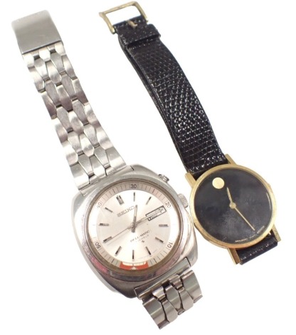 Two wristwatches, comprising a Movado Zenith electroplated ceramic faced watch, the dial 3cm diameter, and a Seiko Bellmatic seventeen jewel stainless steel cased wristwatch, number 210257. (2)