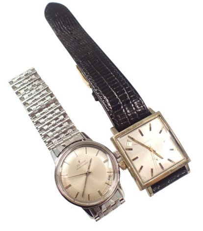 Two Zenith gent's wristwatches, comprising a Zenith Nespurta gold plated and stainless steel cased square headed wristwatch, on black leather strap, and a Zenith automatic stainless steel cased wristwatch. (2)