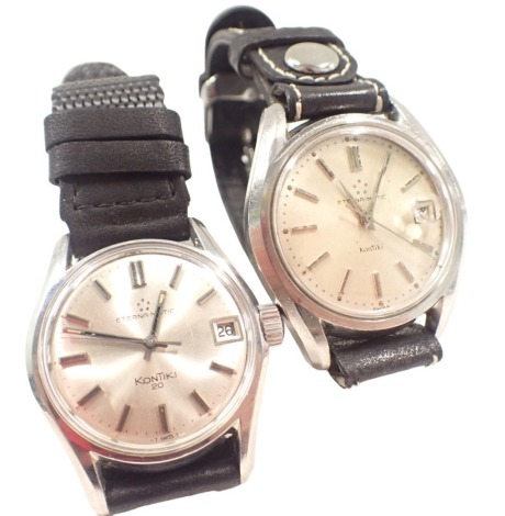 Two Eternamatic gent's wristwatches, comprising the Contiki and Contiki 20, each stainless steel cased, on black leatherette straps.