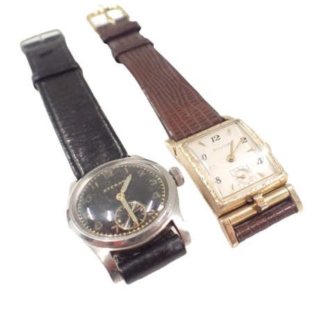 An Eterna gent's wristwatch, with stainless steel case numbered 2779452, on black and enamel numbered face, with seconds dial, 2.5cm diameter, on black leather strap, an a Bulova gold plated cased gent's wristwatch, on brown leather strap, 1.5cm diameter.