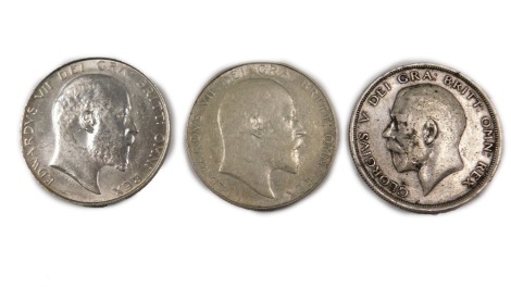 Three Edward VII and later silver half crowns, comprising 1906, 1910 and 1915.