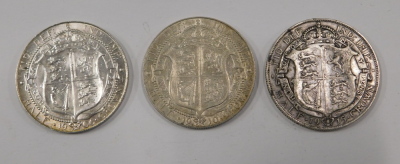 Three Edward VII and later silver half crowns, comprising 1906, 1910 and 1915. - 2