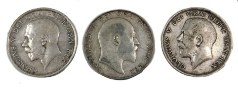 Three Edward VII and later silver half crowns, comprising 1910, 1916, and 1915.