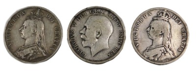 Three Victorian and later half crowns, comprising 1889, 1887, and 1915.