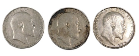 Three Edward VII silver half crowns, comprising 1907, 1908, and 1909.