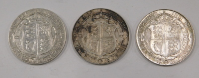 Three Edward VII silver half crowns, comprising 1907, 1908, and 1909. - 2