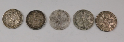 Five Victorian and later silver one florins. - 2