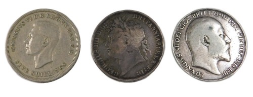 Three George III and later crowns, comprising George III crown dated 1821, Edward VII dated 1902, and a George VI five shilling dated 1951. (3)