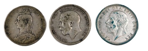 Three Victorian and later silver half crowns, comprising 1888, George V 1915, and George V 1927.