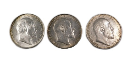 Three Edward VII silver half crowns, comprising 1909, 1906, and 1905.