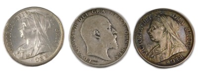 Three Victorian and later silver half crowns, comprising 1893, 1899, and 1903. (3)