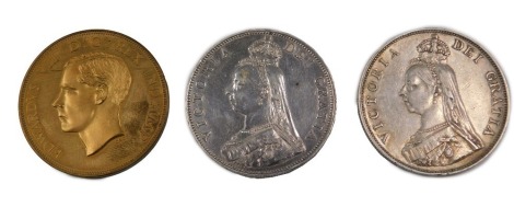 Three double florins, comprising two Victorian double florins dated 1889, and a brass example, Edward VIII dated 1937. (3)