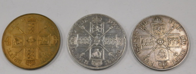 Three double florins, comprising two Victorian double florins dated 1889, and a brass example, Edward VIII dated 1937. (3) - 2