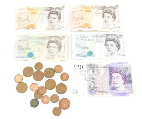 Coins and banknotes, comprising Bank of England five pound notes, T15646946, and D76853407, two ten pound notes, and a Chris Salmon twenty pound note, and a collection of two pence and one pence pieces.