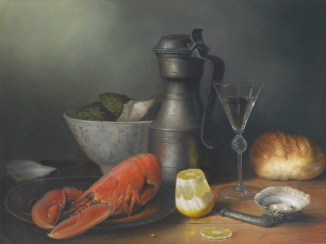 Brian Davies (1942-2014). Still life with lobster and lemon, oil on canvas, signed, 44cm x 59.5cm.